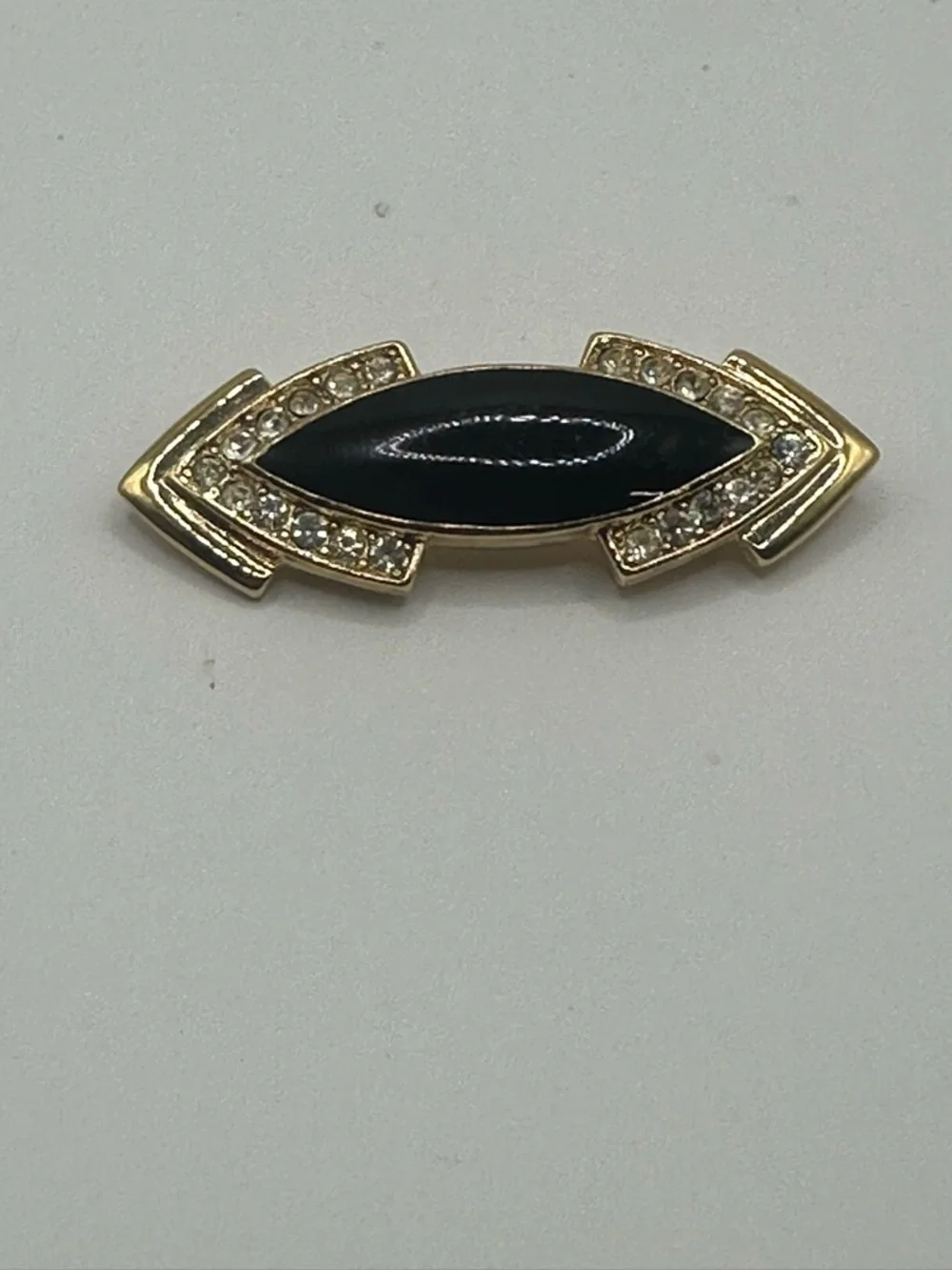 Vintage Trifari Black Enamel Rhinestone Brooch. Mid Century Statement pin.
